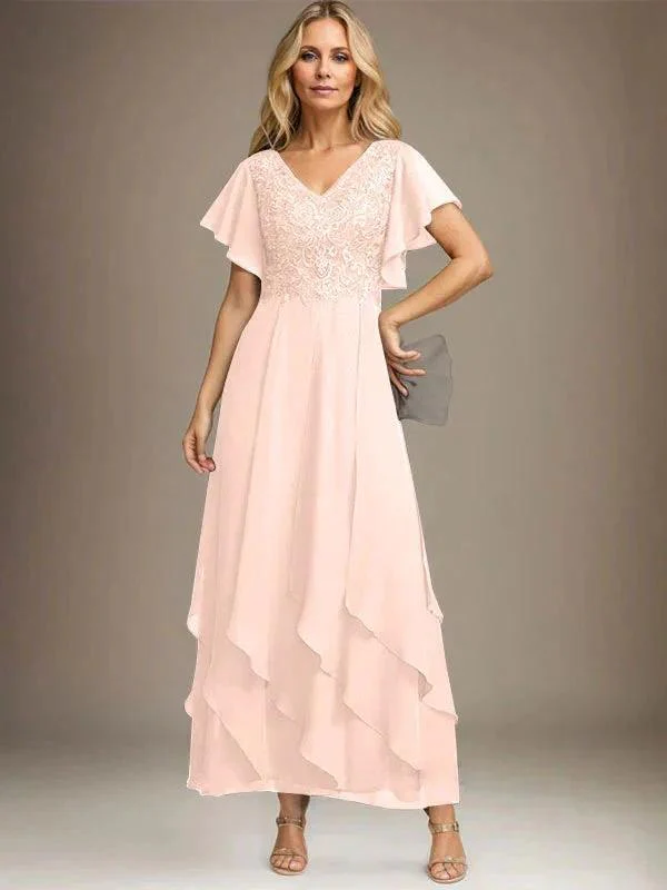 A-line V-Neck Ankle-Length Lace Chiffon Mother of the Bride Dress With Cascading Ruffles - Image 13