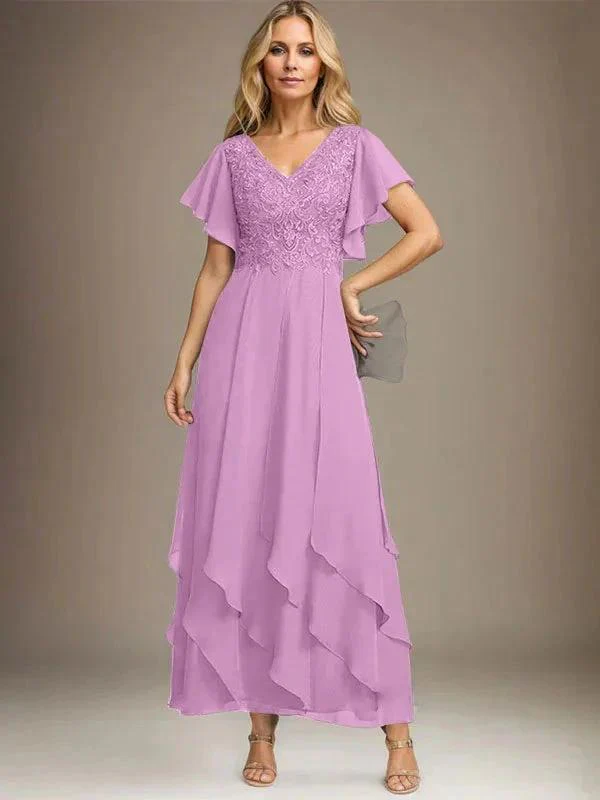 A-line V-Neck Ankle-Length Lace Chiffon Mother of the Bride Dress With Cascading Ruffles - Image 14