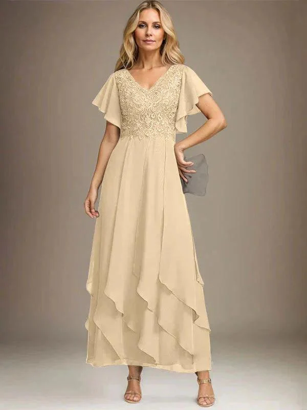 A-line V-Neck Ankle-Length Lace Chiffon Mother of the Bride Dress With Cascading Ruffles - Image 15