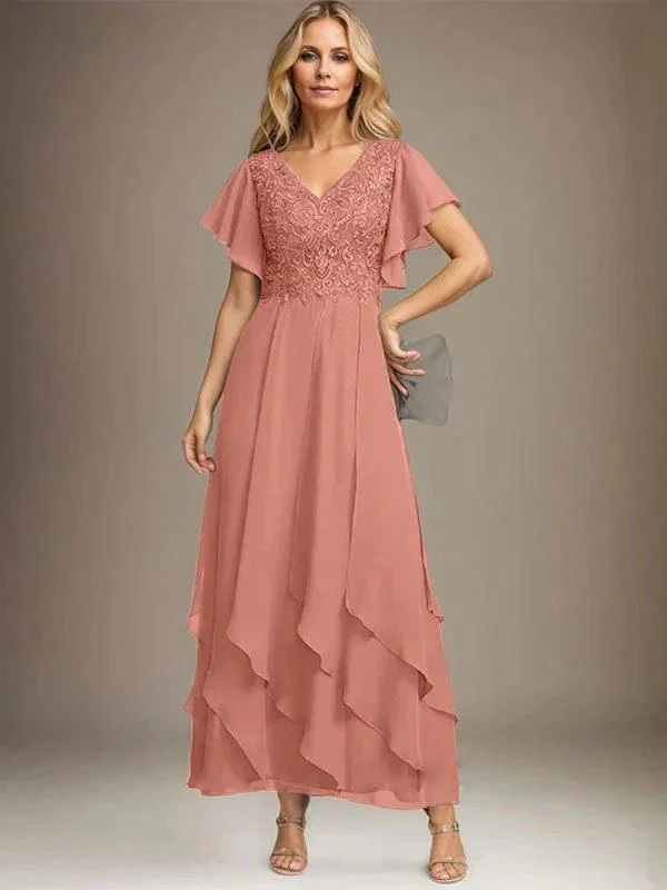 A-line V-Neck Ankle-Length Lace Chiffon Mother of the Bride Dress With Cascading Ruffles - Image 16