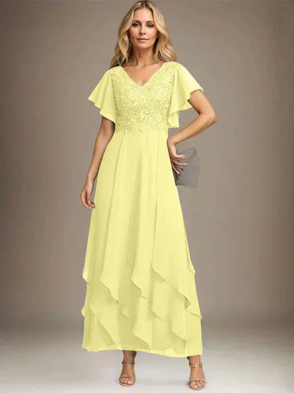 A-line V-Neck Ankle-Length Lace Chiffon Mother of the Bride Dress With Cascading Ruffles - Image 17
