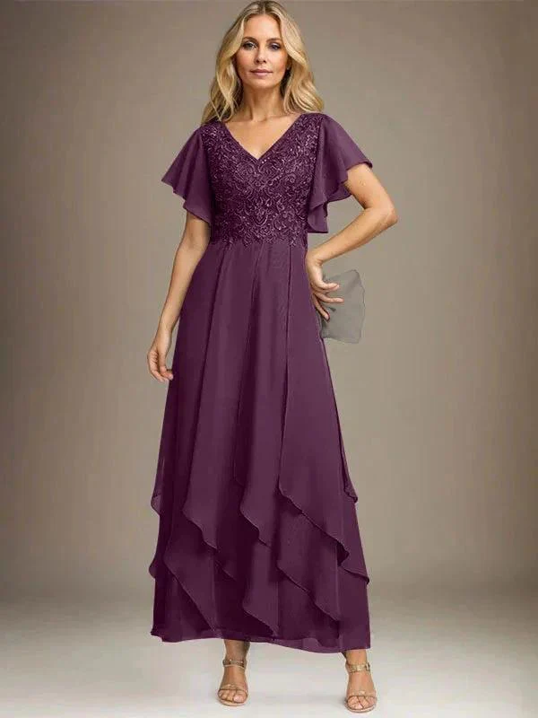 A-line V-Neck Ankle-Length Lace Chiffon Mother of the Bride Dress With Cascading Ruffles - Image 18