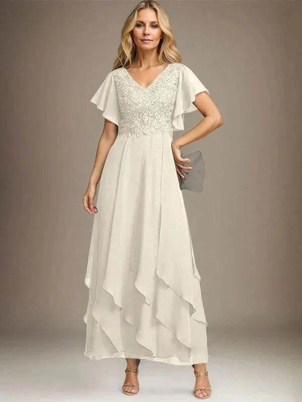 A-line V-Neck Ankle-Length Lace Chiffon Mother of the Bride Dress With Cascading Ruffles - Image 19