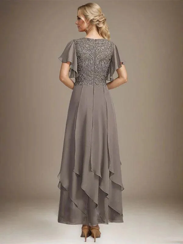 A-line V-Neck Ankle-Length Lace Chiffon Mother of the Bride Dress With Cascading Ruffles - Image 2
