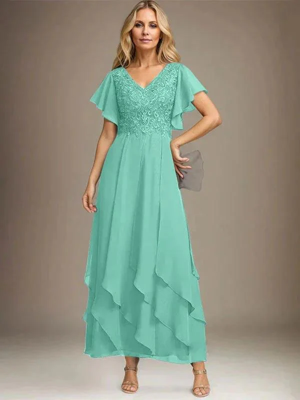 A-line V-Neck Ankle-Length Lace Chiffon Mother of the Bride Dress With Cascading Ruffles - Image 20