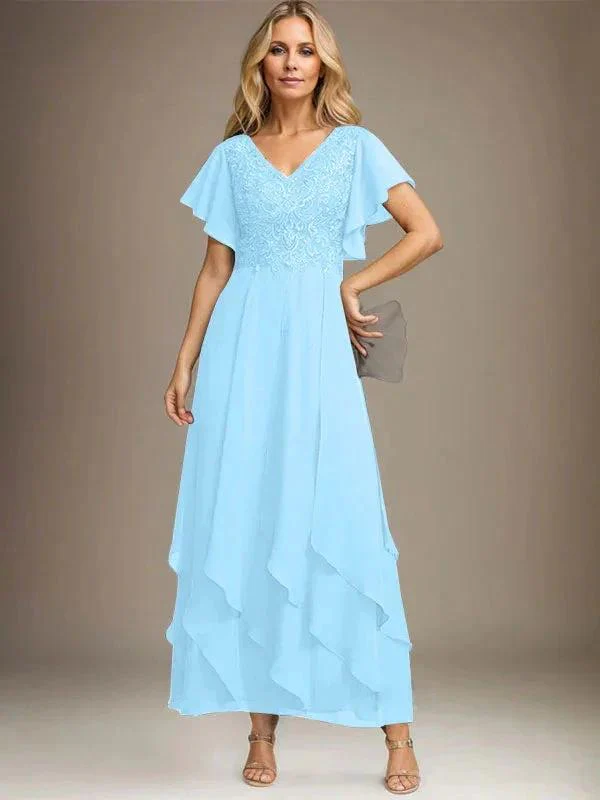 A-line V-Neck Ankle-Length Lace Chiffon Mother of the Bride Dress With Cascading Ruffles - Image 21
