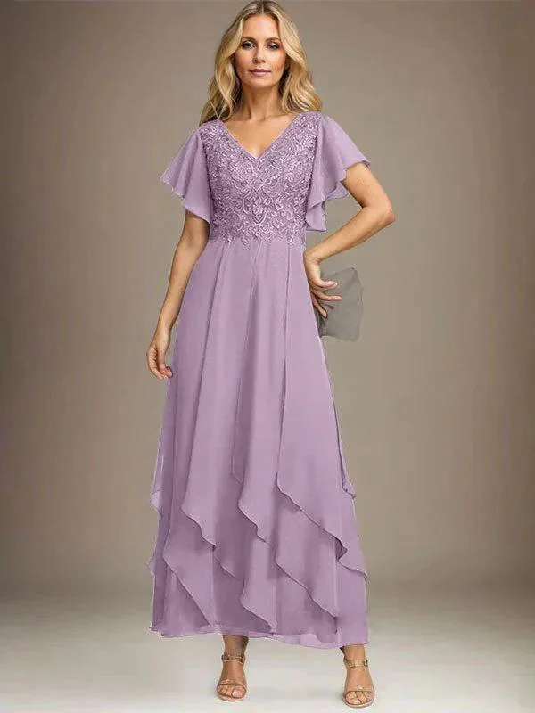 A-line V-Neck Ankle-Length Lace Chiffon Mother of the Bride Dress With Cascading Ruffles - Image 22