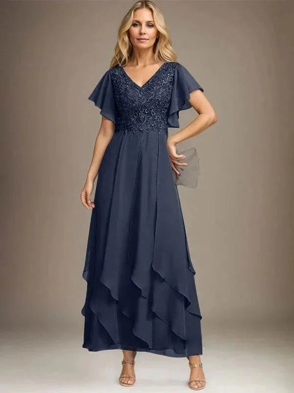 A-line V-Neck Ankle-Length Lace Chiffon Mother of the Bride Dress With Cascading Ruffles - Image 23