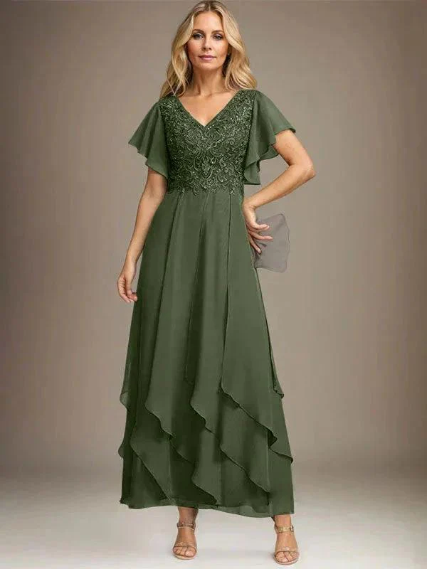 A-line V-Neck Ankle-Length Lace Chiffon Mother of the Bride Dress With Cascading Ruffles - Image 24