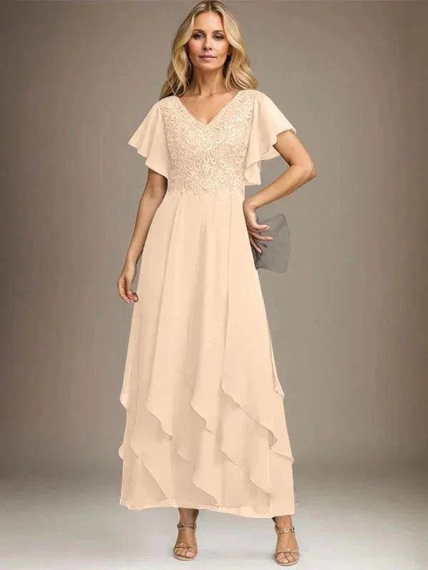 A-line V-Neck Ankle-Length Lace Chiffon Mother of the Bride Dress With Cascading Ruffles - Image 25