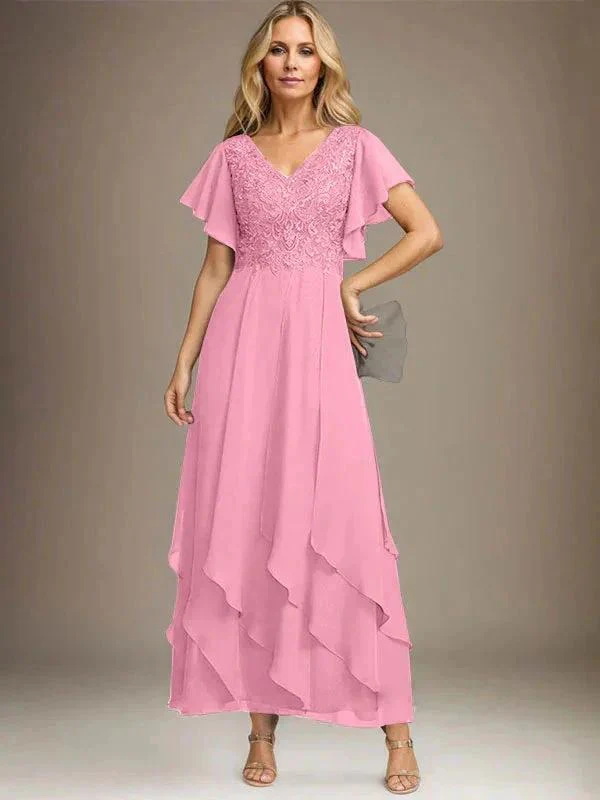 A-line V-Neck Ankle-Length Lace Chiffon Mother of the Bride Dress With Cascading Ruffles - Image 26