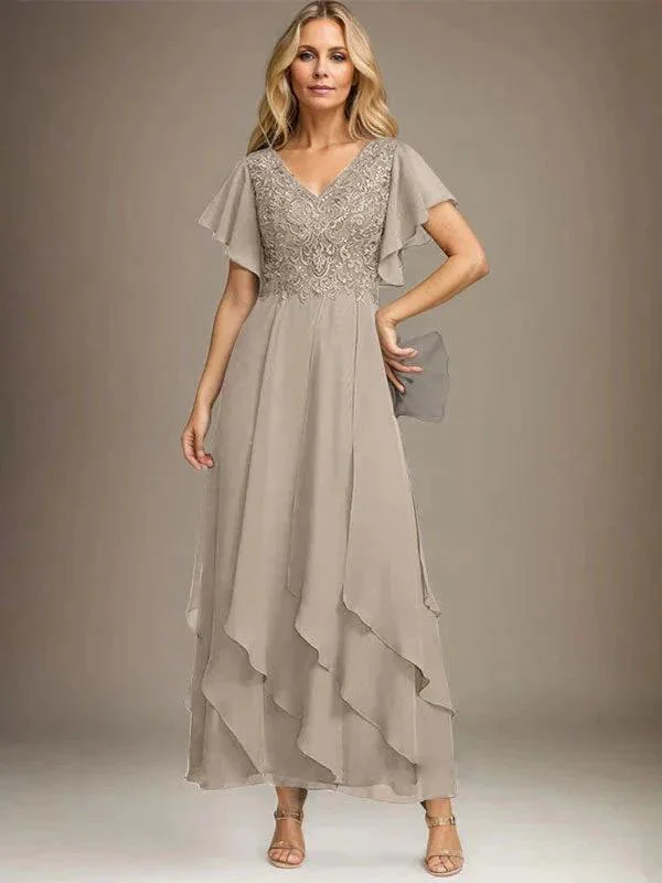 A-line V-Neck Ankle-Length Lace Chiffon Mother of the Bride Dress With Cascading Ruffles - Image 27