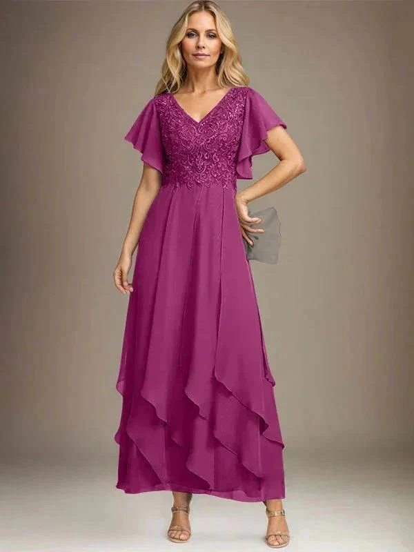 A-line V-Neck Ankle-Length Lace Chiffon Mother of the Bride Dress With Cascading Ruffles - Image 28