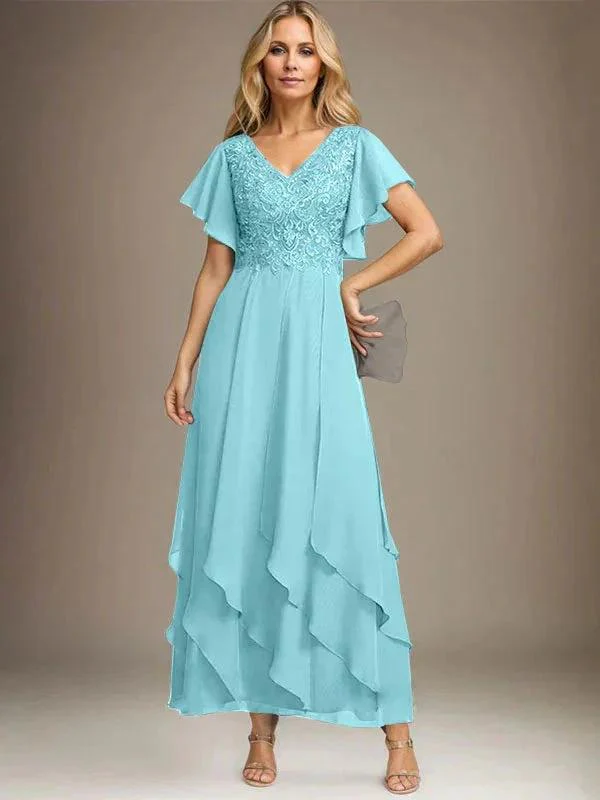 A-line V-Neck Ankle-Length Lace Chiffon Mother of the Bride Dress With Cascading Ruffles - Image 29