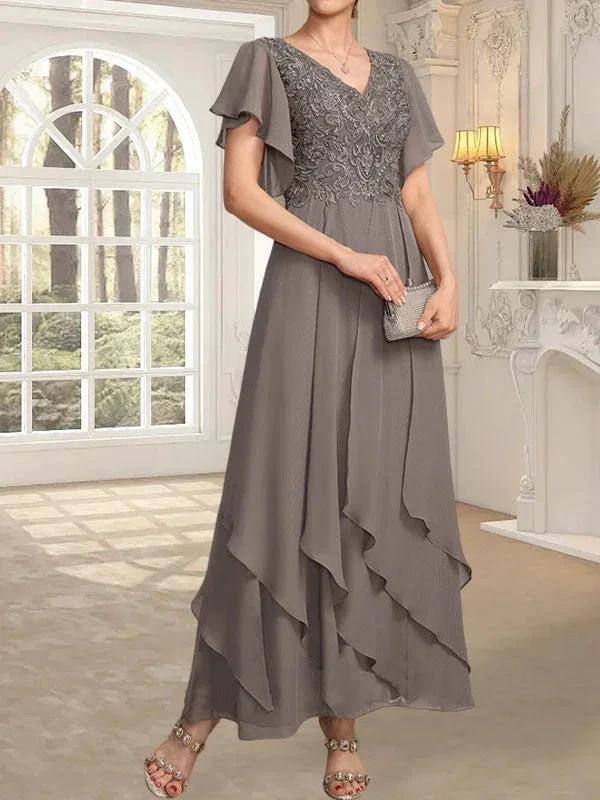 A-line V-Neck Ankle-Length Lace Chiffon Mother of the Bride Dress With Cascading Ruffles - Image 3