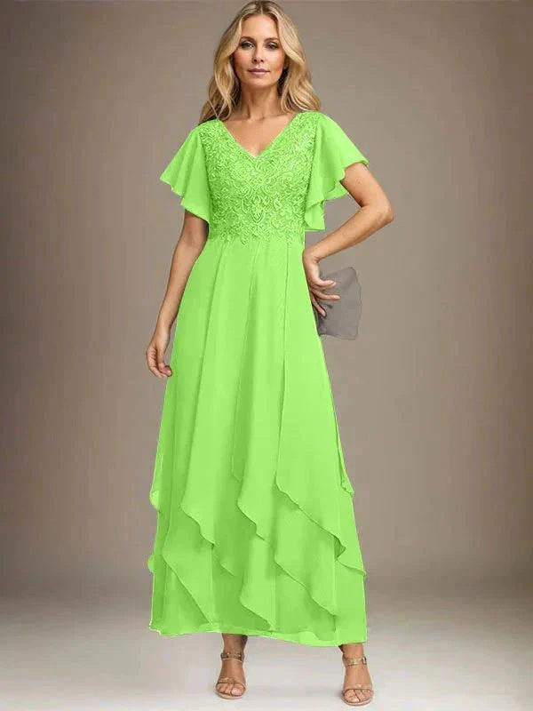 A-line V-Neck Ankle-Length Lace Chiffon Mother of the Bride Dress With Cascading Ruffles - Image 30