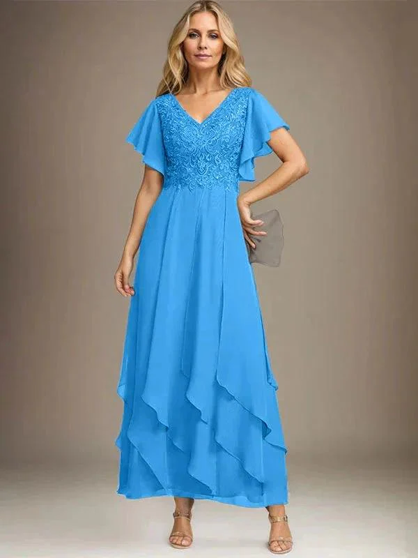 A-line V-Neck Ankle-Length Lace Chiffon Mother of the Bride Dress With Cascading Ruffles - Image 31