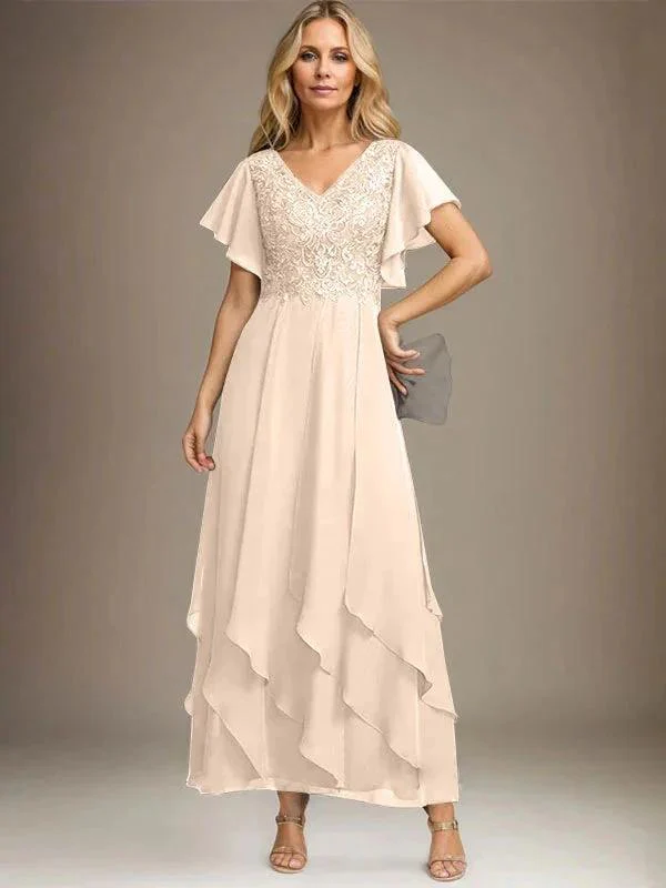 A-line V-Neck Ankle-Length Lace Chiffon Mother of the Bride Dress With Cascading Ruffles - Image 32