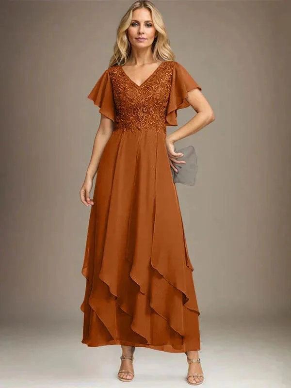 A-line V-Neck Ankle-Length Lace Chiffon Mother of the Bride Dress With Cascading Ruffles - Image 33
