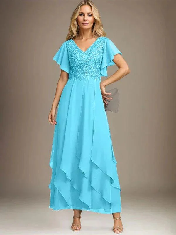 A-line V-Neck Ankle-Length Lace Chiffon Mother of the Bride Dress With Cascading Ruffles - Image 34