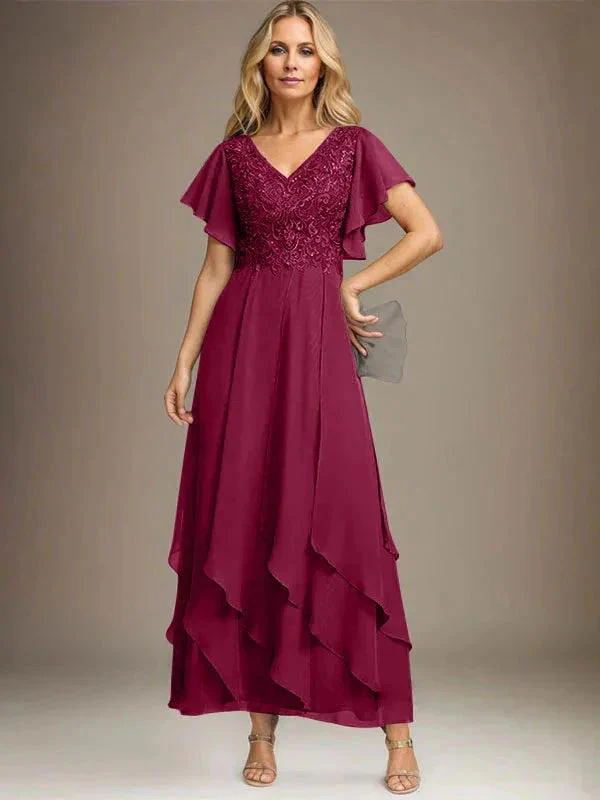 A-line V-Neck Ankle-Length Lace Chiffon Mother of the Bride Dress With Cascading Ruffles - Image 35
