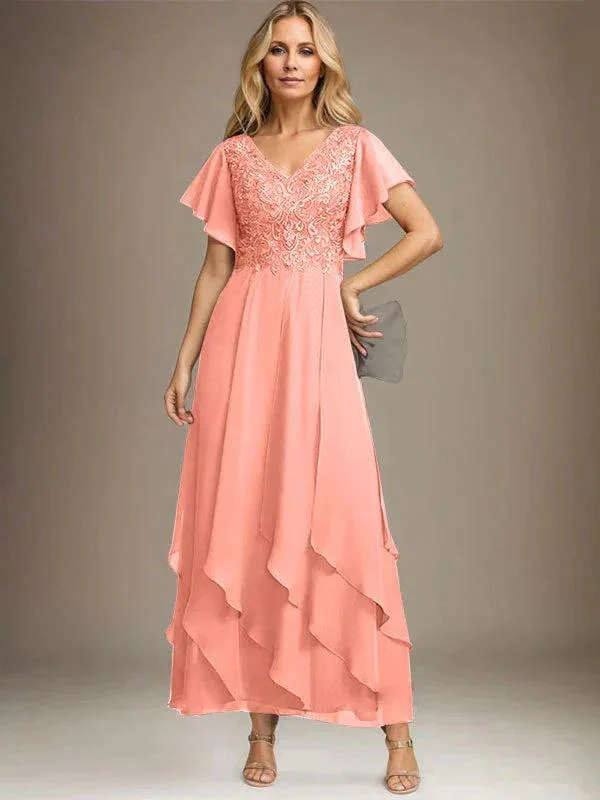 A-line V-Neck Ankle-Length Lace Chiffon Mother of the Bride Dress With Cascading Ruffles - Image 36