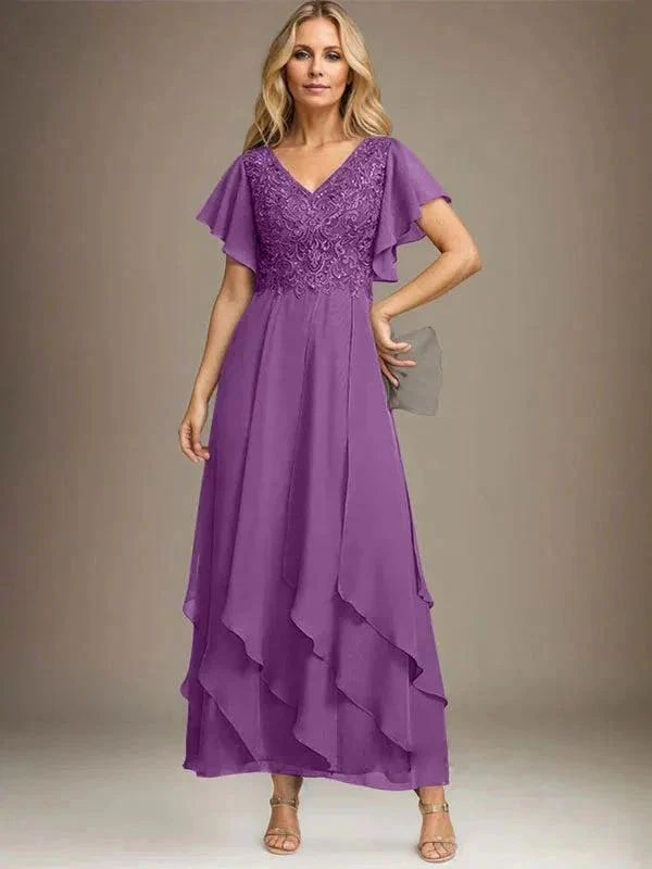 A-line V-Neck Ankle-Length Lace Chiffon Mother of the Bride Dress With Cascading Ruffles - Image 38