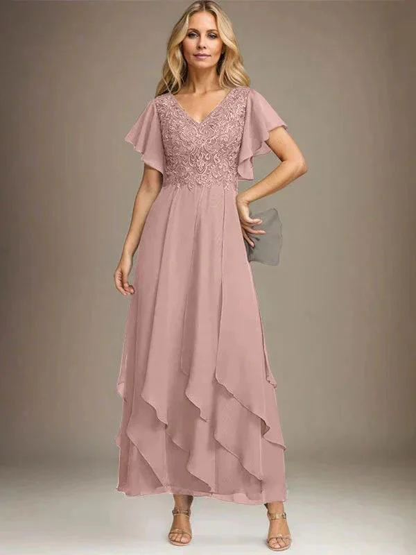 A-line V-Neck Ankle-Length Lace Chiffon Mother of the Bride Dress With Cascading Ruffles - Image 39