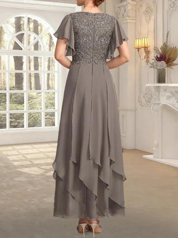 A-line V-Neck Ankle-Length Lace Chiffon Mother of the Bride Dress With Cascading Ruffles - Image 4