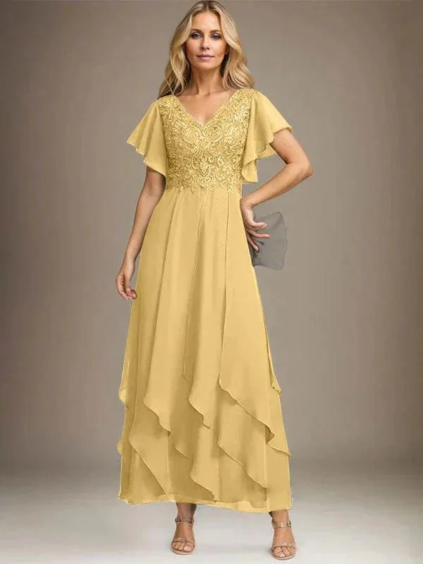 A-line V-Neck Ankle-Length Lace Chiffon Mother of the Bride Dress With Cascading Ruffles - Image 41