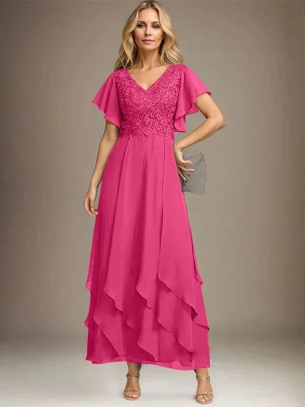 A-line V-Neck Ankle-Length Lace Chiffon Mother of the Bride Dress With Cascading Ruffles - Image 42