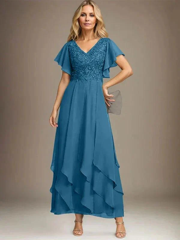 A-line V-Neck Ankle-Length Lace Chiffon Mother of the Bride Dress With Cascading Ruffles - Image 43