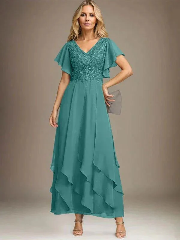 A-line V-Neck Ankle-Length Lace Chiffon Mother of the Bride Dress With Cascading Ruffles - Image 44