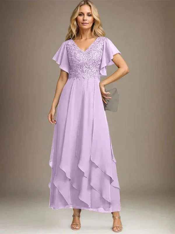 A-line V-Neck Ankle-Length Lace Chiffon Mother of the Bride Dress With Cascading Ruffles - Image 46