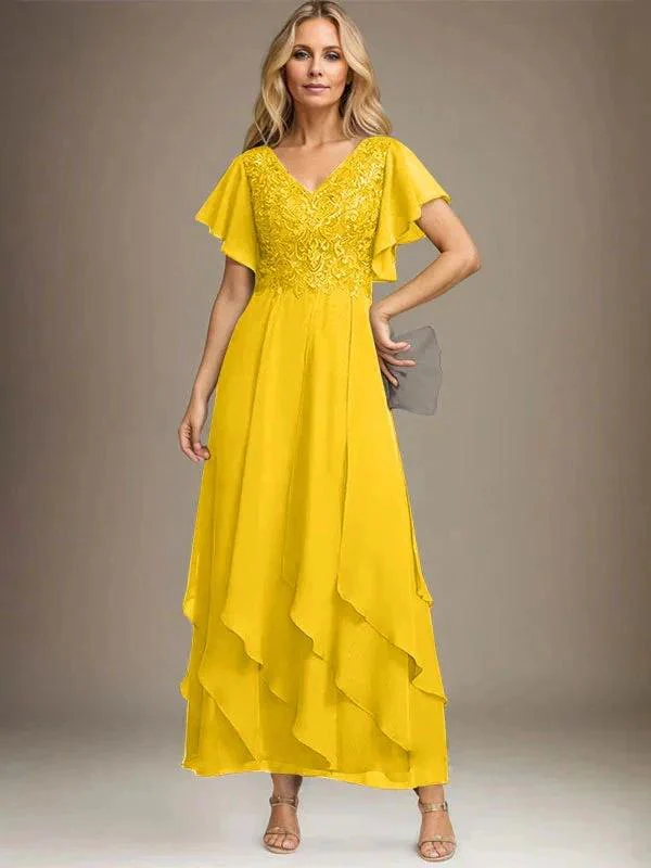 A-line V-Neck Ankle-Length Lace Chiffon Mother of the Bride Dress With Cascading Ruffles - Image 47