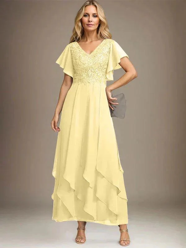 A-line V-Neck Ankle-Length Lace Chiffon Mother of the Bride Dress With Cascading Ruffles - Image 48