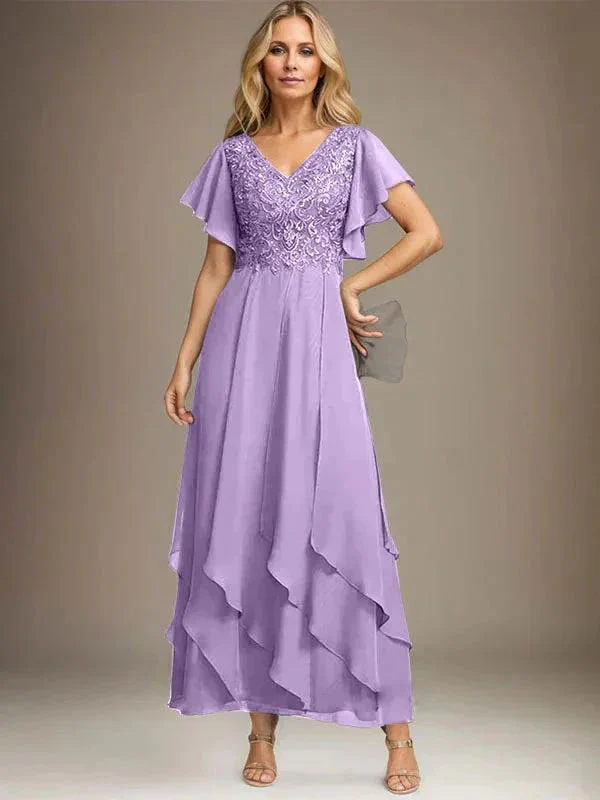 A-line V-Neck Ankle-Length Lace Chiffon Mother of the Bride Dress With Cascading Ruffles - Image 49