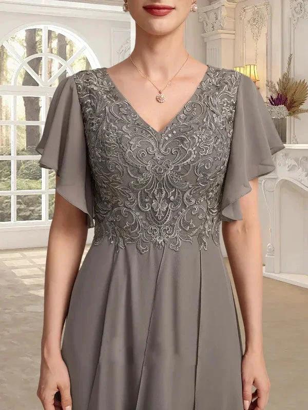 A-line V-Neck Ankle-Length Lace Chiffon Mother of the Bride Dress With Cascading Ruffles - Image 5