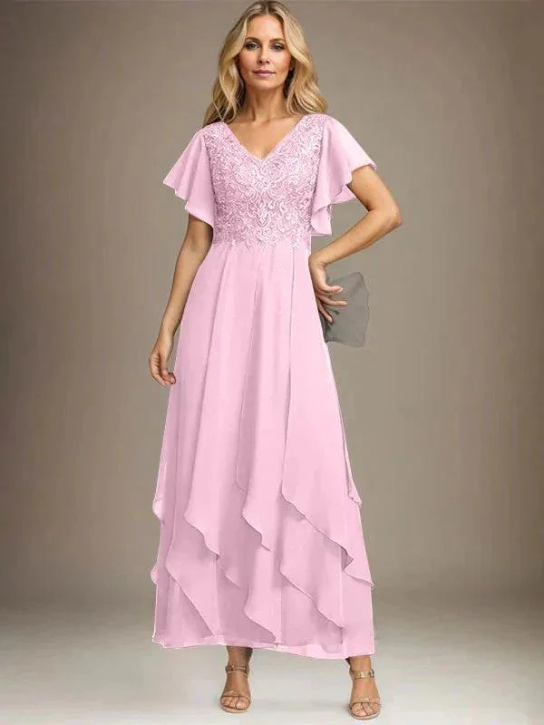 A-line V-Neck Ankle-Length Lace Chiffon Mother of the Bride Dress With Cascading Ruffles - Image 50