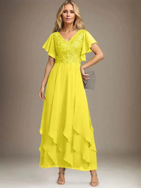 A-line V-Neck Ankle-Length Lace Chiffon Mother of the Bride Dress With Cascading Ruffles - Image 51