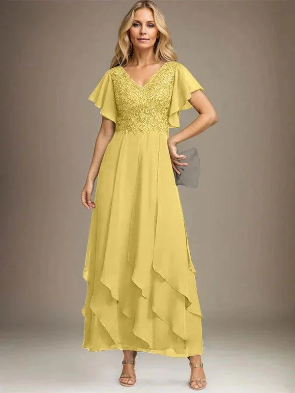 A-line V-Neck Ankle-Length Lace Chiffon Mother of the Bride Dress With Cascading Ruffles - Image 52