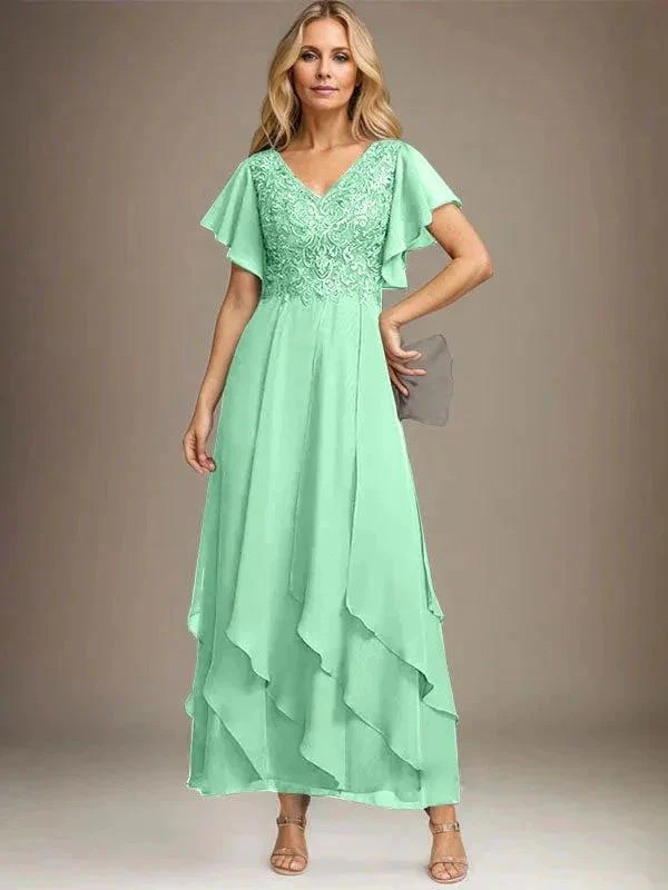 A-line V-Neck Ankle-Length Lace Chiffon Mother of the Bride Dress With Cascading Ruffles - Image 53