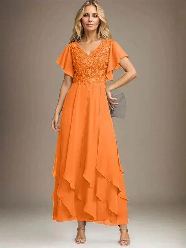 A-line V-Neck Ankle-Length Lace Chiffon Mother of the Bride Dress With Cascading Ruffles - Image 54