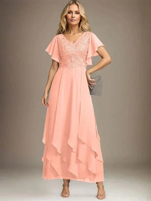 A-line V-Neck Ankle-Length Lace Chiffon Mother of the Bride Dress With Cascading Ruffles - Image 55