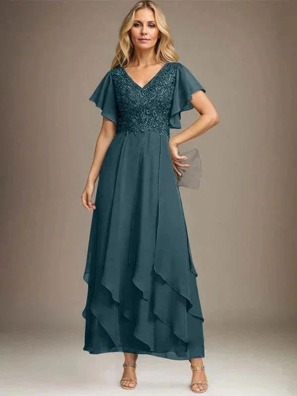 A-line V-Neck Ankle-Length Lace Chiffon Mother of the Bride Dress With Cascading Ruffles - Image 56