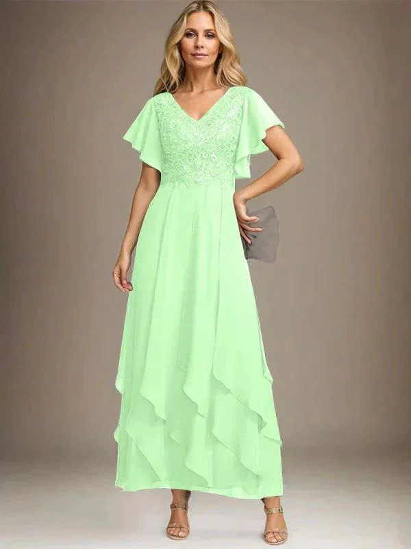 A-line V-Neck Ankle-Length Lace Chiffon Mother of the Bride Dress With Cascading Ruffles - Image 57
