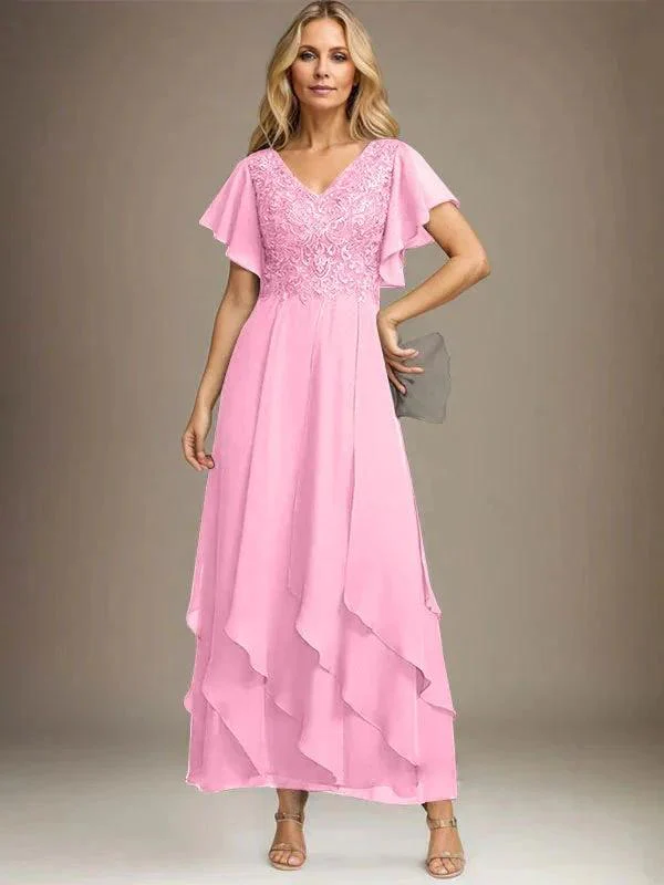 A-line V-Neck Ankle-Length Lace Chiffon Mother of the Bride Dress With Cascading Ruffles - Image 58