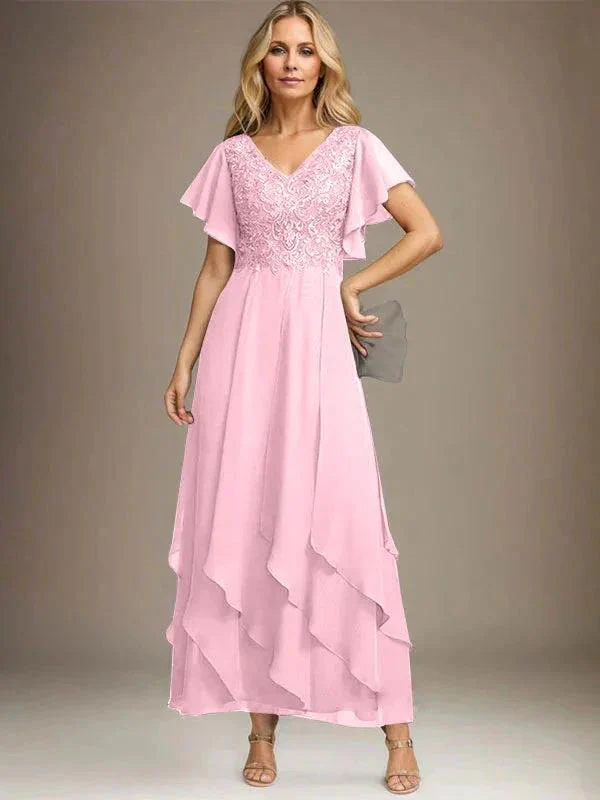 A-line V-Neck Ankle-Length Lace Chiffon Mother of the Bride Dress With Cascading Ruffles - Image 59