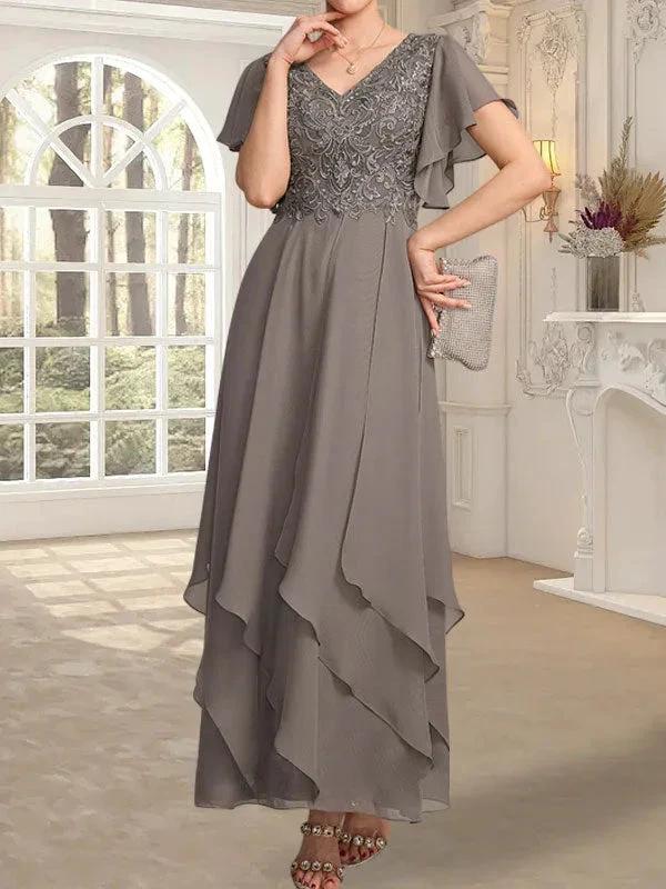 A-line V-Neck Ankle-Length Lace Chiffon Mother of the Bride Dress With Cascading Ruffles - Image 6