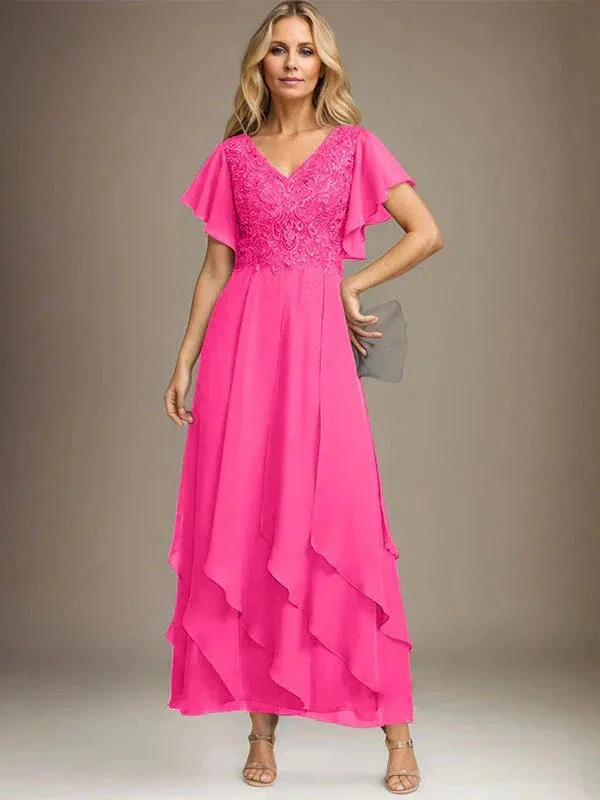 A-line V-Neck Ankle-Length Lace Chiffon Mother of the Bride Dress With Cascading Ruffles - Image 60